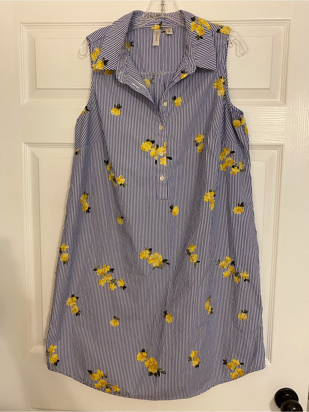 Tacera Blue & White Striped Sleeveless Dress with Yellow Floral Detail